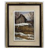 Boucher, Signed Winter Barn Oil Painting