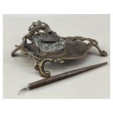 Art Nouveau Brass Desk Inkstand & Dip Pen