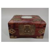 Chinese Brass-Mounted Wood Jewelry Box vtg