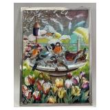 Late 20th C. Songbirds & Birdbath Stained Glass