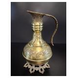 Persian Middle Eastern Etched Brass Pitcher vtg