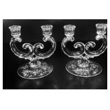 Fostoria Chintz Etched Glass Double Candlesticks