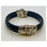 Modernist Brutalist Black Onyx Silver Tone Bangle