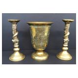 Vtg Pair Of Chinese Mantle Brass Candlesticks