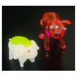 VTG Art Glass Pig Figurines Red Amber & White