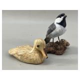 Pair of Bird Figures: Carved Chickadee & Straw