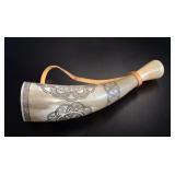 Scrimshaw Powder Horn with Leather Strap