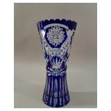 Bohemian Cobalt Blue Cut-to-Clear Crystal Vase vtg