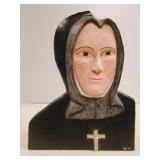 Hand-Carved Folk Art Wood Relief Bust of a Nun