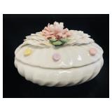 VTG Oval Porcelain Floral Applied Trinket Box
