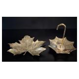 Brass Maple Leaf & Umbrella Pin Dishes vtg