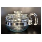 MCM Pyrex Blue Tint Glass Teapot Stainless Band