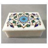 Vtg Precious Stone Inlaid white Marble Box