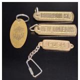 4 Vintage Brass Key Fobs & Tags