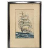 Signed Clipper Ship at Sea Watercolor (1940)