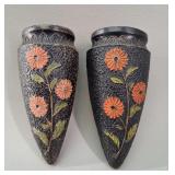 2 Japanese Floral Ceramic Wall Pockets vtg