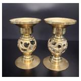 2 Chinese Brass Openwork Candlesticks