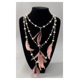 Multi-Strand Faux Pearl and Pink Feather Necklace