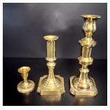 3 English School Brass Candlesticks