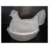 Large Clear Frosted Glass Heb On Nest Chicken vtg