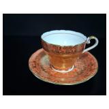 Aynsley Coral & Gold Scroll Teacup & Saucer