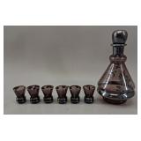 Moser Style Amethyst Glass Decanter & Six