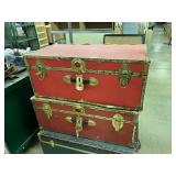 Qty 2 Vintage Red Travel Trunk with Brass Accents
