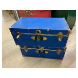Qty 2 Vintage Blue Steamer Trunk w/ Brass Hardware