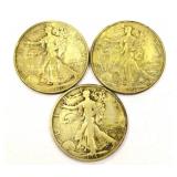 3 Liberty Standing Half Dollar Coins