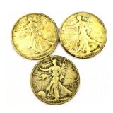 3 Liberty Standing Half Dollar Coins