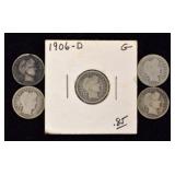 Lot of 5 Barber Dimes