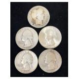 1905 Barber and 4 Silver Washington Quarter Coins