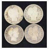 4 Barber Head Quarter Coins