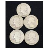 5 Silver Washington Quarters Coins