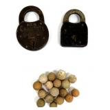 2 Antique Padlocks & 16 Clay Marbles