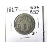 1867 with Rays Shield Nickel
