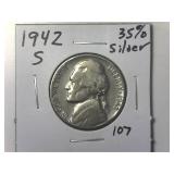 1942 S 35% Silver Wartime Jefeerson Nickel