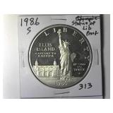 1986-S Proof Statue Of Lib  Silver Dollar