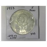 1953 Silver 5 Peso Mexico