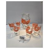 Anchor Hocking Orange Pitcher & 6 Juice Glasses