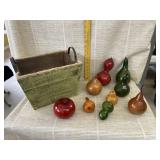 Wooden Basket with Vintage Gourds