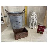 Velvet Tin, H-O Cut Plug Tin, Lantern, Bucket