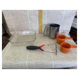 Pyrex Baking Dish, Masher, Sifter, Measuring Cups