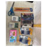 Scissors, Post-It Notes, Pens, Push Pins, Letter