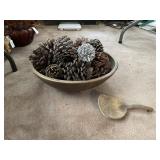 Big Wooden Bowl With Paddle & Pine Cones