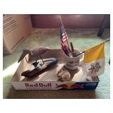 Wood Bird Sculpture, Cup, Pens, Flags