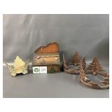 Wood Fishing Box, Cast Tree & Leaf Candle Rings