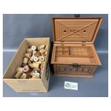 Plastic Sewing Box and Box of Wooden Spools
