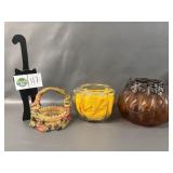 Wood Cat, 2 Glass Pumpkin Jars, Scarecrow Basket