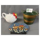 Chicken Creamer, Metal Bucket, Wooden Sign